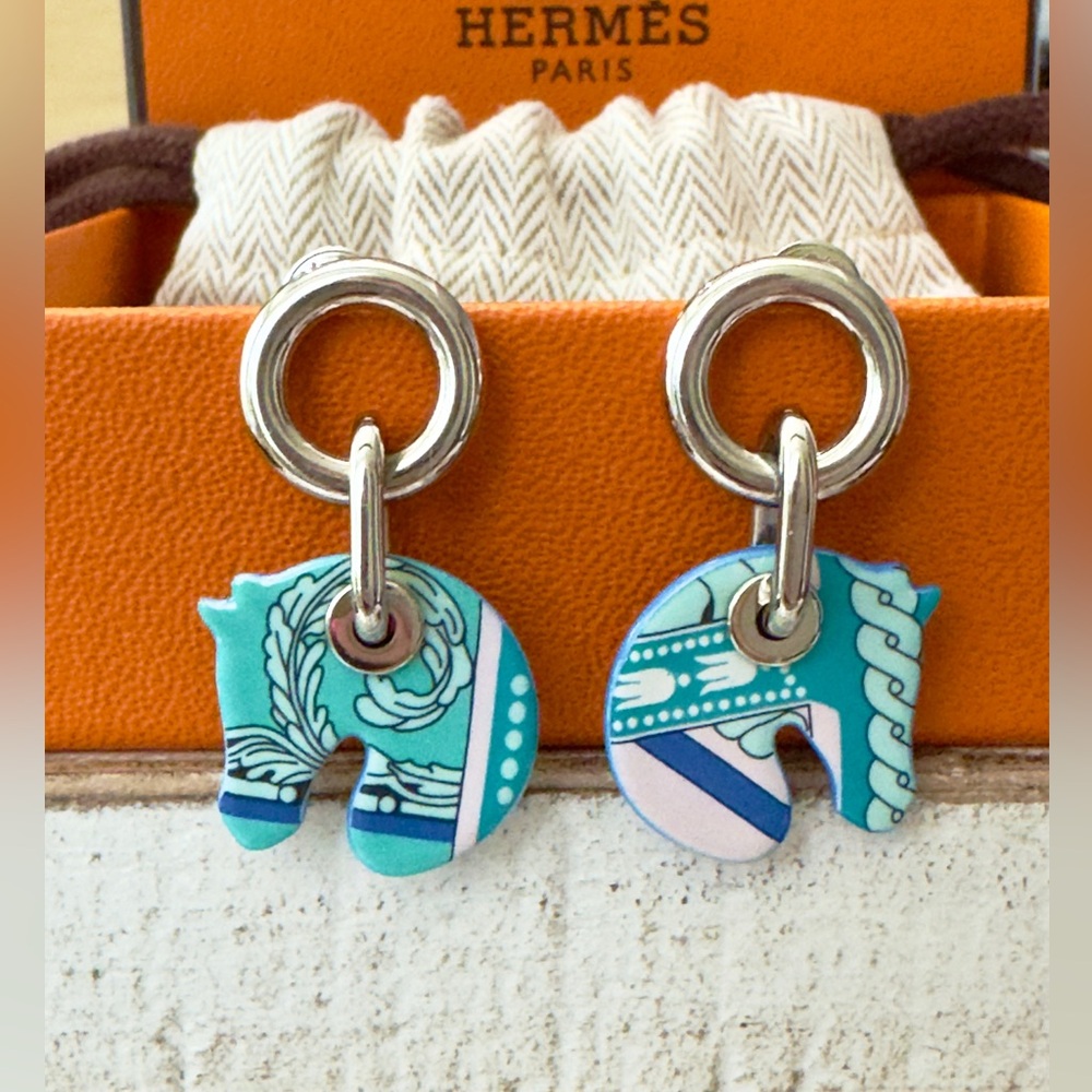 Hermes Tattersall Silver Blue Horse Earrings W/Box